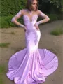 Trumpet/Mermaid Scoop Sweep Train Jersey Prom Dress With Appliques Lace