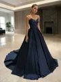 A-Line/Princess V-neck Sweep Train Satin Prom Dress With Appliques Lace