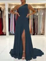 A-Line/Princess One-Shoulder Sweep Train Chiffon Prom Dress With Leg Slit