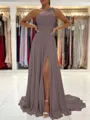 A-Line/Princess One-Shoulder Sweep Train Chiffon Prom Dress With Leg Slit