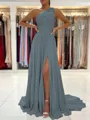 A-Line/Princess One-Shoulder Sweep Train Chiffon Prom Dress With Leg Slit