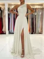 A-Line/Princess One-Shoulder Sweep Train Chiffon Prom Dress With Leg Slit