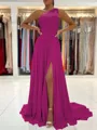 A-Line/Princess One-Shoulder Sweep Train Chiffon Prom Dress With Leg Slit