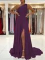 A-Line/Princess One-Shoulder Sweep Train Chiffon Prom Dress With Leg Slit