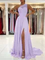A-Line/Princess One-Shoulder Sweep Train Chiffon Prom Dress With Leg Slit