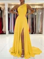 A-Line/Princess One-Shoulder Sweep Train Chiffon Prom Dress With Leg Slit