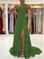 A-Line/Princess One-Shoulder Sweep Train Chiffon Prom Dress With Leg Slit