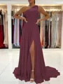 A-Line/Princess One-Shoulder Sweep Train Chiffon Prom Dress With Leg Slit