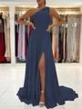 A-Line/Princess One-Shoulder Sweep Train Chiffon Prom Dress With Leg Slit