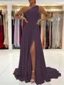 A-Line/Princess One-Shoulder Sweep Train Chiffon Prom Dress With Leg Slit