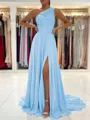 A-Line/Princess One-Shoulder Sweep Train Chiffon Prom Dress With Leg Slit