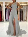 A-Line/Princess One-Shoulder Sweep Train Chiffon Prom Dress With Leg Slit