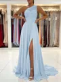 A-Line/Princess One-Shoulder Sweep Train Chiffon Prom Dress With Leg Slit