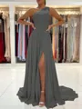 A-Line/Princess One-Shoulder Sweep Train Chiffon Prom Dress With Leg Slit
