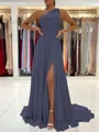 A-Line/Princess One-Shoulder Sweep Train Chiffon Prom Dress With Leg Slit