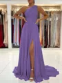 A-Line/Princess One-Shoulder Sweep Train Chiffon Prom Dress With Leg Slit