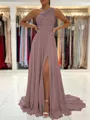 A-Line/Princess One-Shoulder Sweep Train Chiffon Prom Dress With Leg Slit