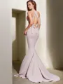 Trumpet/Mermaid V-neck Sweep Train Stretch Crepe Prom Dress With Ruffles