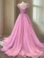 A-Line/Princess V-neck Sweep Train Organza Prom Dress With Ruffles