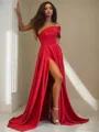 A-Line/Princess One-Shoulder Sweep Train Charmeuse Prom Dress With Leg Slit