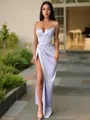 Sheath/Column V-neck Sweep Train Silk Like Satin Prom Dress With Leg Slit
