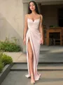 Sheath/Column V-neck Sweep Train Silk Like Satin Prom Dress With Leg Slit