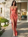 Sheath/Column V-neck Sweep Train Silk Like Satin Prom Dress With Leg Slit