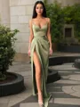 Sheath/Column V-neck Sweep Train Silk Like Satin Prom Dress With Leg Slit