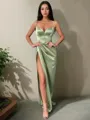 Sheath/Column V-neck Sweep Train Silk Like Satin Prom Dress With Leg Slit