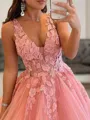 Ball Gown V-neck Floor-Length Tulle Prom Dress With Appliques Lace