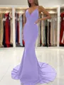 Sheath/Column V-neck Sweep Train Stretch Crepe Prom Dress