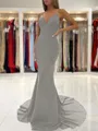 Sheath/Column V-neck Sweep Train Stretch Crepe Prom Dress