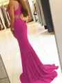 Sheath/Column Halter Sweep Train Jersey Prom Dress With Leg Slit