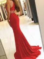 Sheath/Column Halter Sweep Train Jersey Prom Dress With Leg Slit