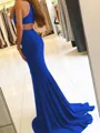 Sheath/Column Halter Sweep Train Jersey Prom Dress With Leg Slit