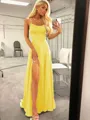 A-Line/Princess Spaghetti Straps Sweep Train Silk like Satin Prom Dress With Leg Slit