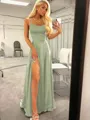 A-Line/Princess Spaghetti Straps Sweep Train Silk like Satin Prom Dress With Leg Slit