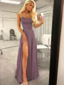 A-Line/Princess Spaghetti Straps Sweep Train Silk like Satin Prom Dress With Leg Slit