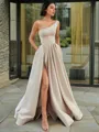 A-Line/Princess One-Shoulder Floor-Length Satin Prom Dress With Leg Slit