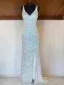 Sheath/Column V-neck Sweep Train Velvet Sequins Prom Dress With Leg Slit