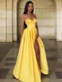 A-Line/Princess Spaghetti Straps Floor-Length Satin Prom Dress With Leg Slit