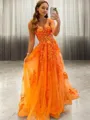 A-Line/Princess Sweetheart Sweep Train Tulle Prom Dress With Appliques Lace