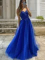 A-Line/Princess V-neck Sweep Train Tulle Prom Dress With Appliques Lace