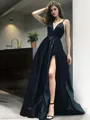 A-Line/Princess V-neck Floor-Length Satin Prom Dress With Leg Slit