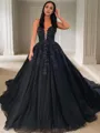 Ball Gown V-neck Court Train Tulle Prom Dress With Appliques Lace