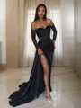 Sheath/Column Off-the-Shoulder Sweep Train Silk Like Satin Prom Dress With Leg Slit