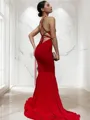 Sheath/Column V-neck Sweep Train Jersey Prom Dress With Ruffles