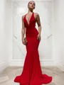 Sheath/Column V-neck Sweep Train Jersey Prom Dress With Ruffles