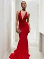 Sheath/Column V-neck Sweep Train Jersey Prom Dress With Ruffles