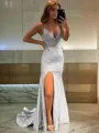 Sheath/Column V-neck Sweep Train Jersey Prom Dress With Leg Slit